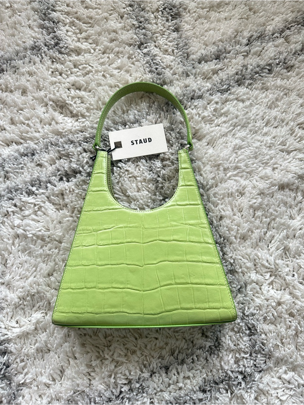 STAUD Rey Green Croc Embossed Leather Shoulder Bag